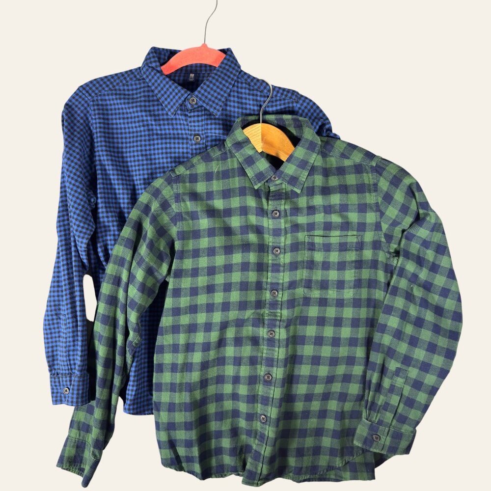 Uniqlo Kids Cotton Plaid Flannel Button Down Shirt Lot of 2 Blue Green Sz 11/12